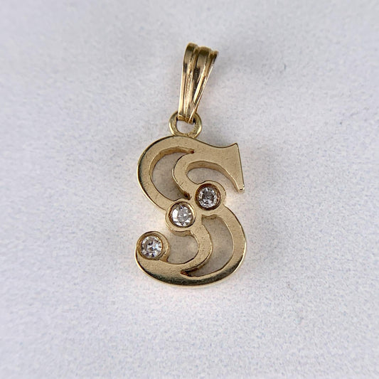 Vintage 1980's Mini "S" Diamond Pendant 14k Yellow Gold