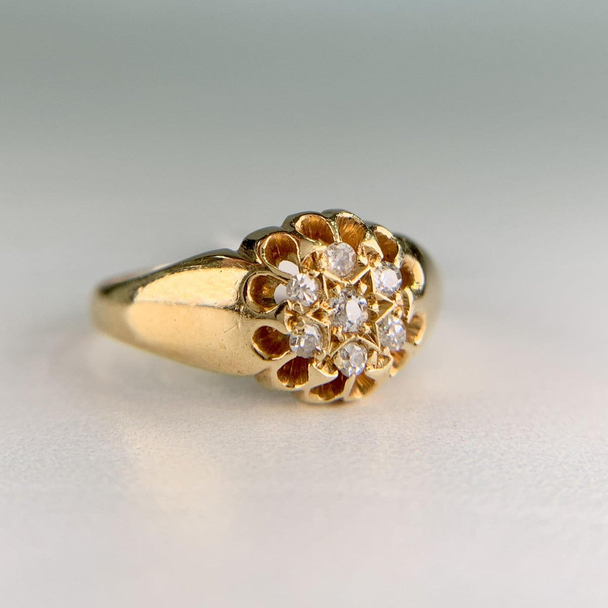Antique 1919 Old Mine Cut Diamond Belcher Cluster Ring 18k Yellow Gold