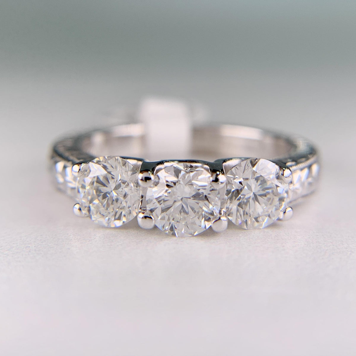 Estate Hand Etched Engraved 3 Stone Diamond Band Ring 14k White Gold