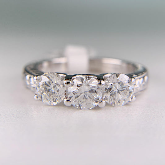 Estate Hand Etched Engraved 3 Stone Diamond Band Ring 14k White Gold