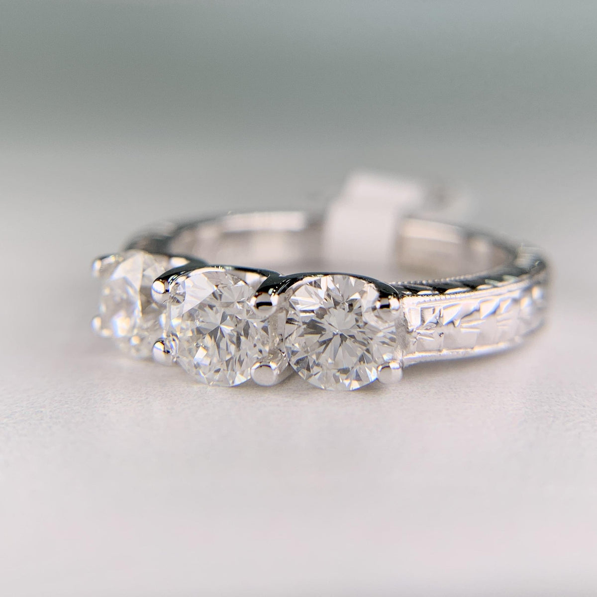 Estate Hand Etched Engraved 3 Stone Diamond Band Ring 14k White Gold