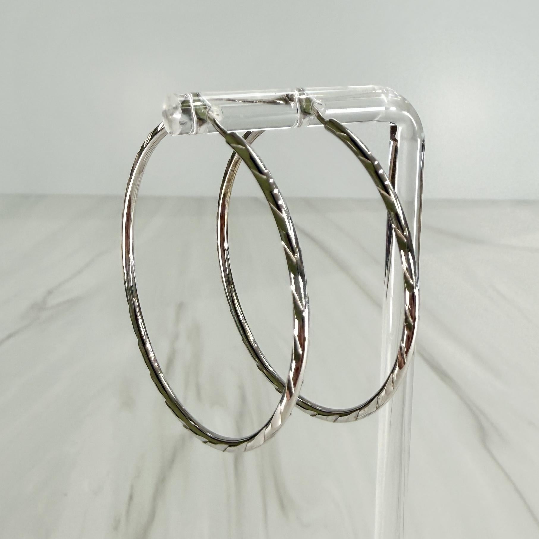 Large Etched Hoop Earrings 14k White Gold