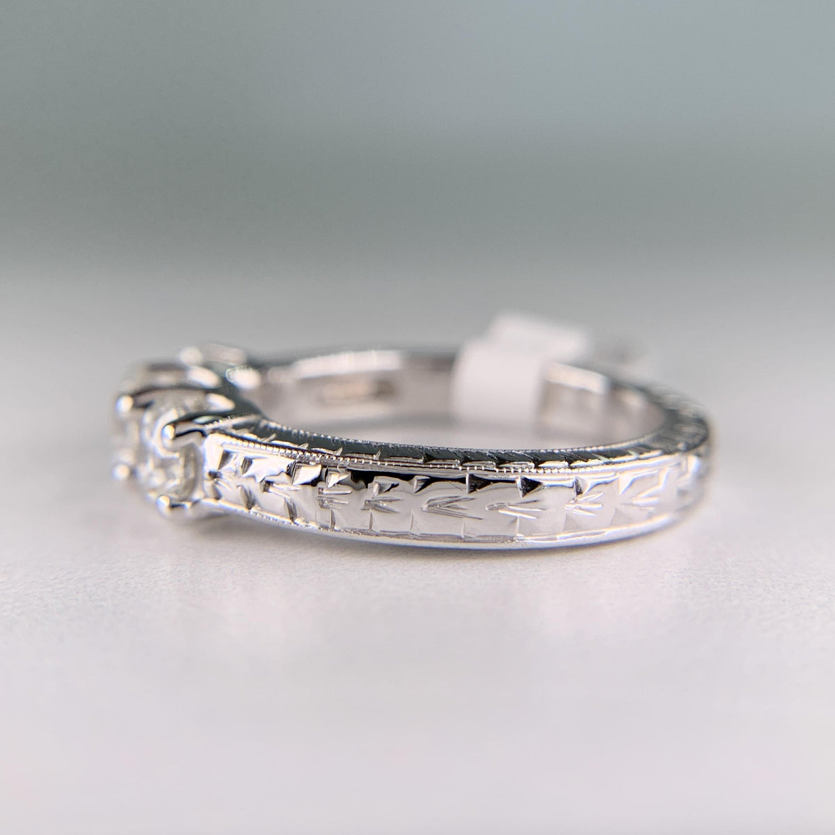 Estate Hand Etched Engraved 3 Stone Diamond Band Ring 14k White Gold