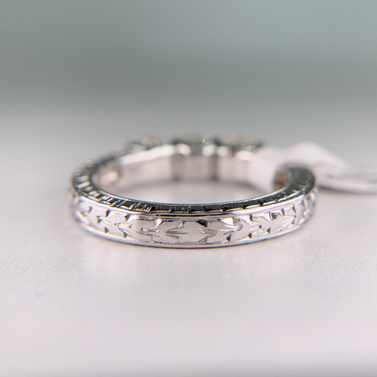 Estate Hand Etched Engraved 3 Stone Diamond Band Ring 14k White Gold