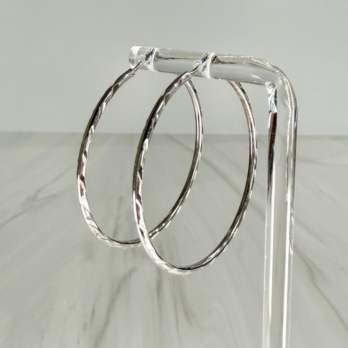 Large Etched Hoop Earrings 14k White Gold