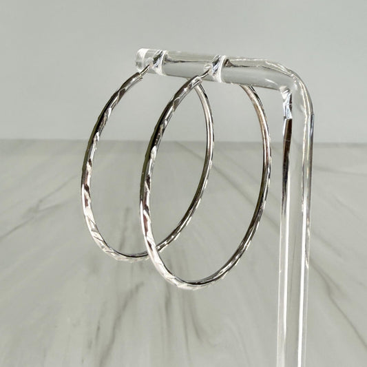 Large Etched Hoop Earrings 14k White Gold
