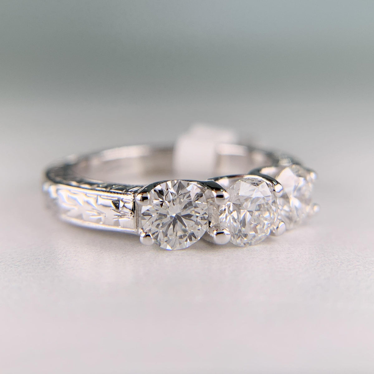 Estate Hand Etched Engraved 3 Stone Diamond Band Ring 14k White Gold