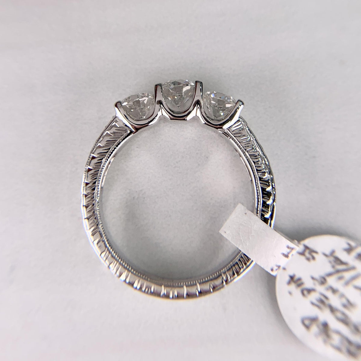 Estate Hand Etched Engraved 3 Stone Diamond Band Ring 14k White Gold