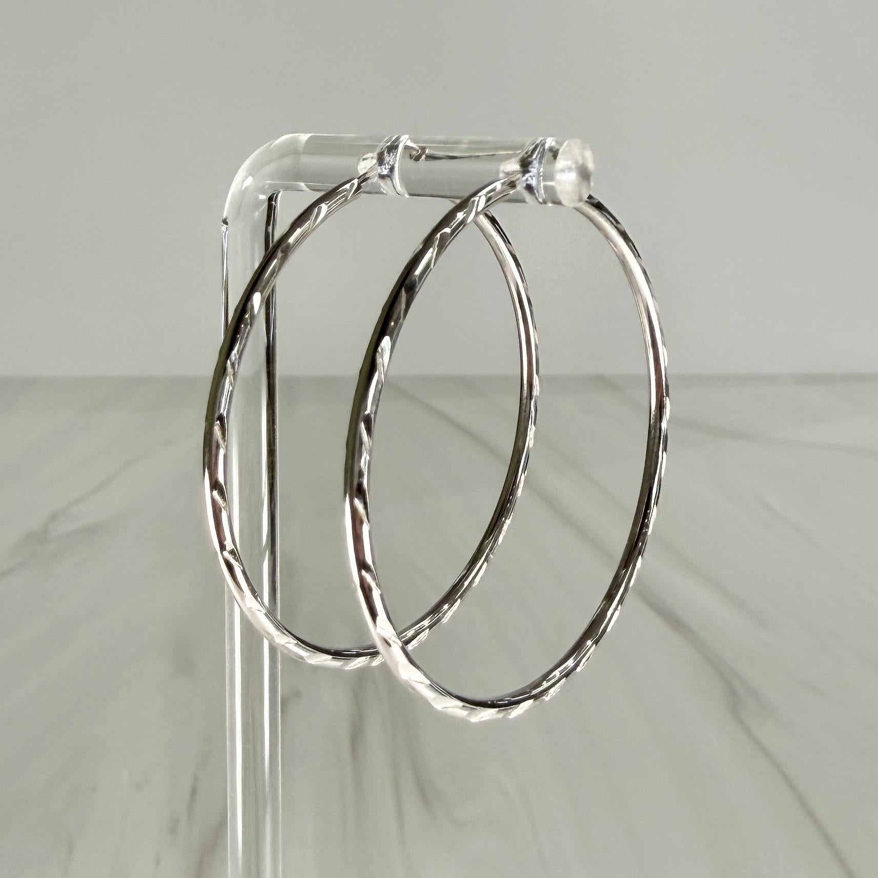 Large Etched Hoop Earrings 14k White Gold