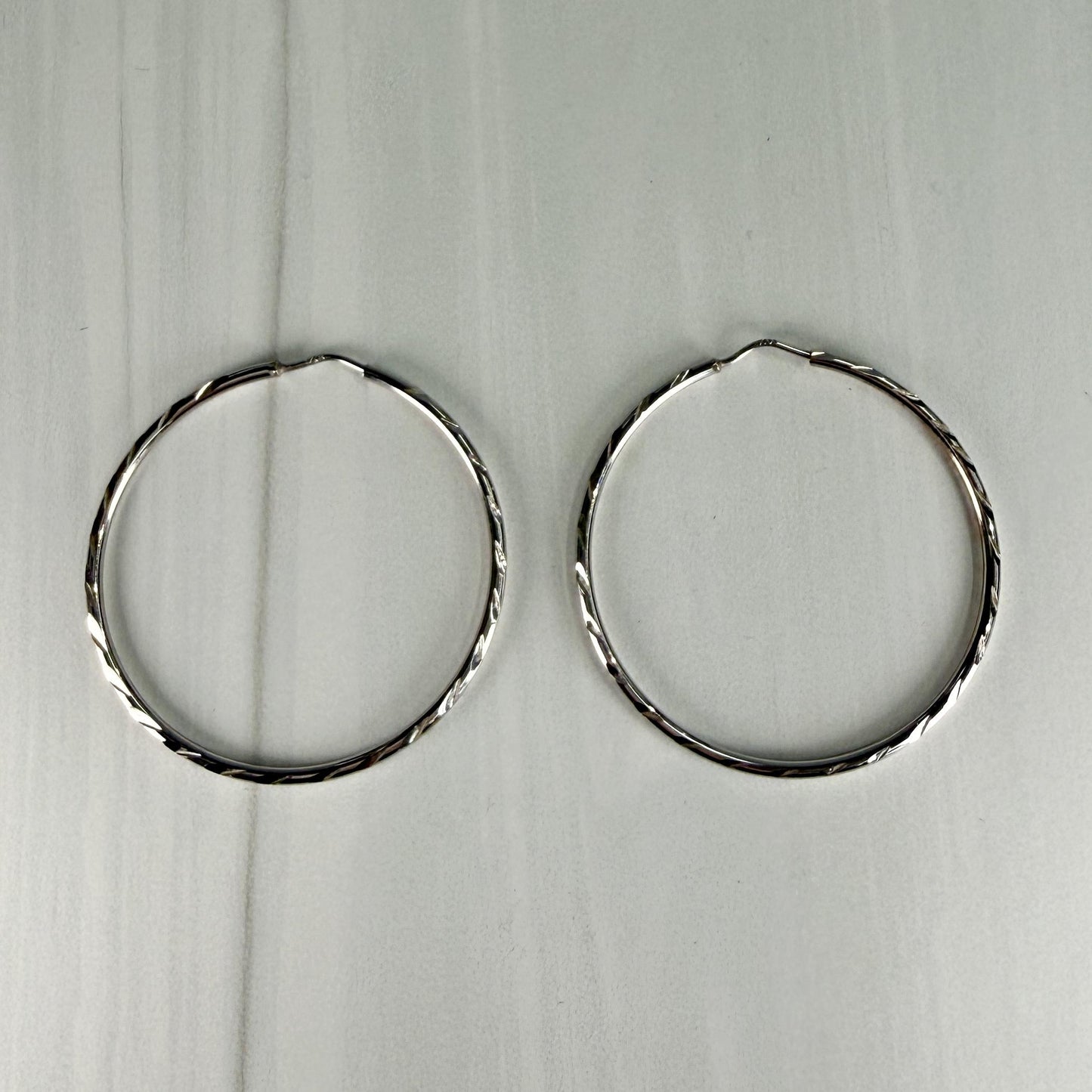 Large Etched Hoop Earrings 14k White Gold