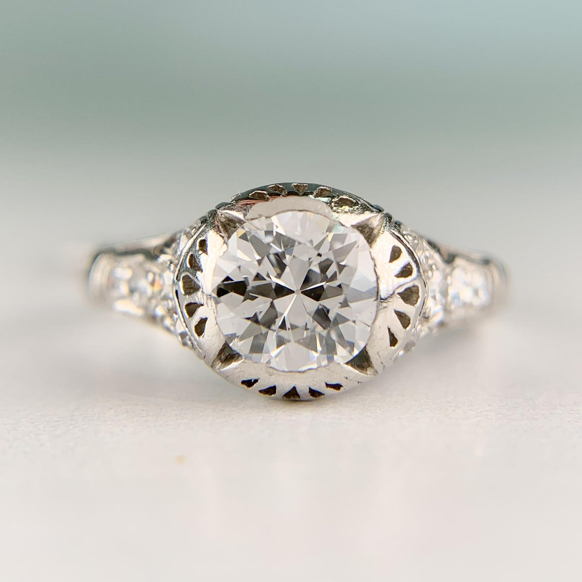 Antique 1910 Edwardian Old European Diamond Engagement Ring Platinum