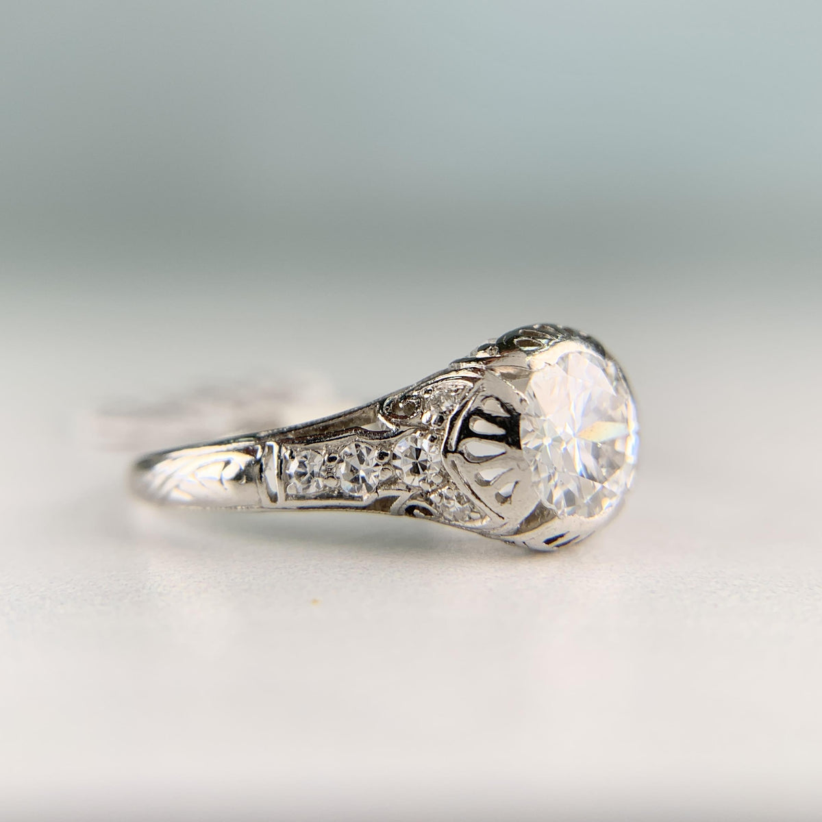 Antique 1910 Edwardian Old European Diamond Engagement Ring Platinum