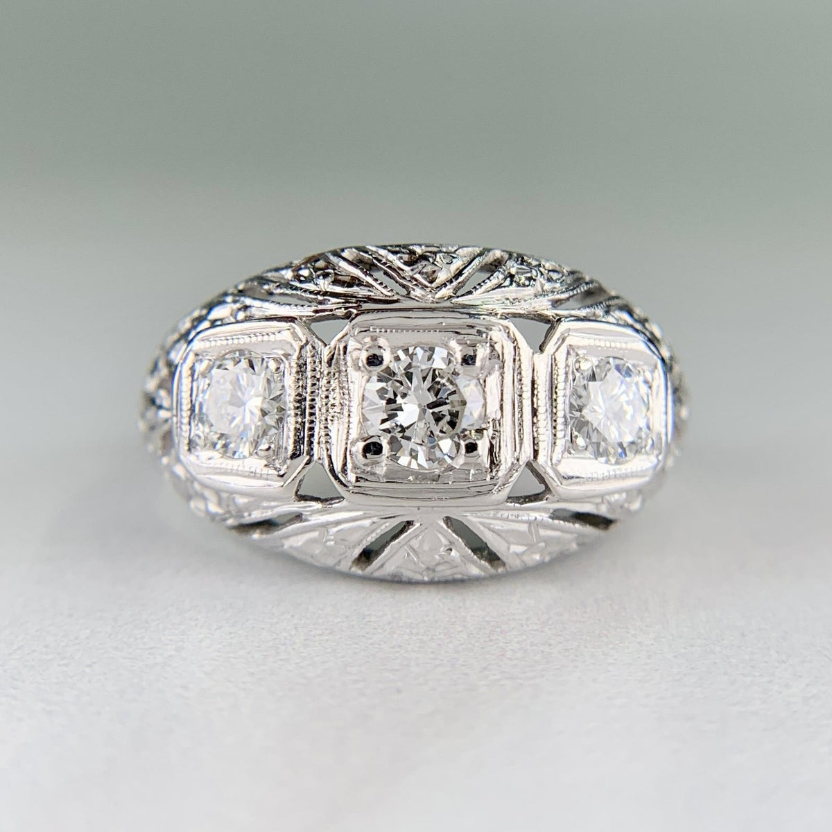 1930's Art Deco 3 Stone Diamond Dome Ring 14k White Gold