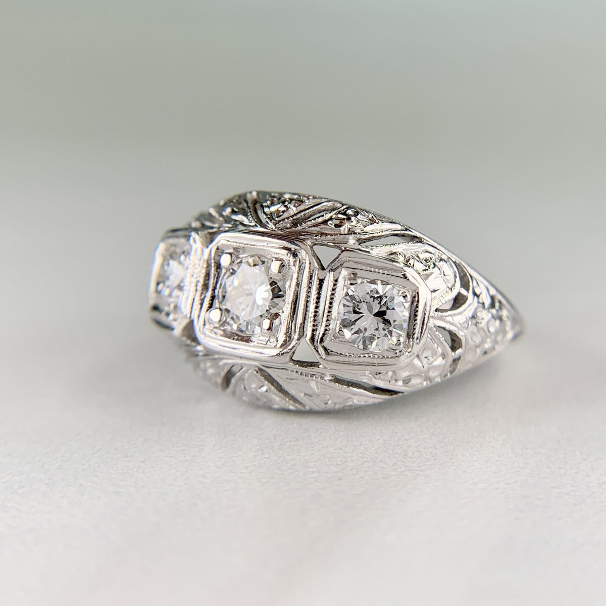 1930's Art Deco 3 Stone Diamond Dome Ring 14k White Gold