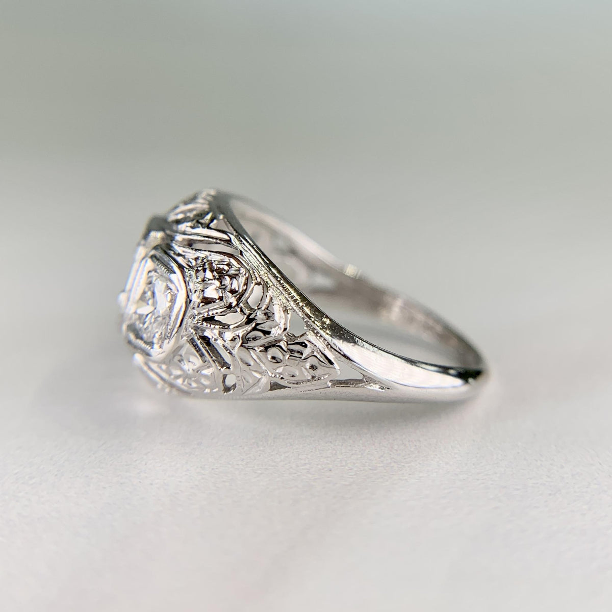 1930's Art Deco 3 Stone Diamond Dome Ring 14k White Gold