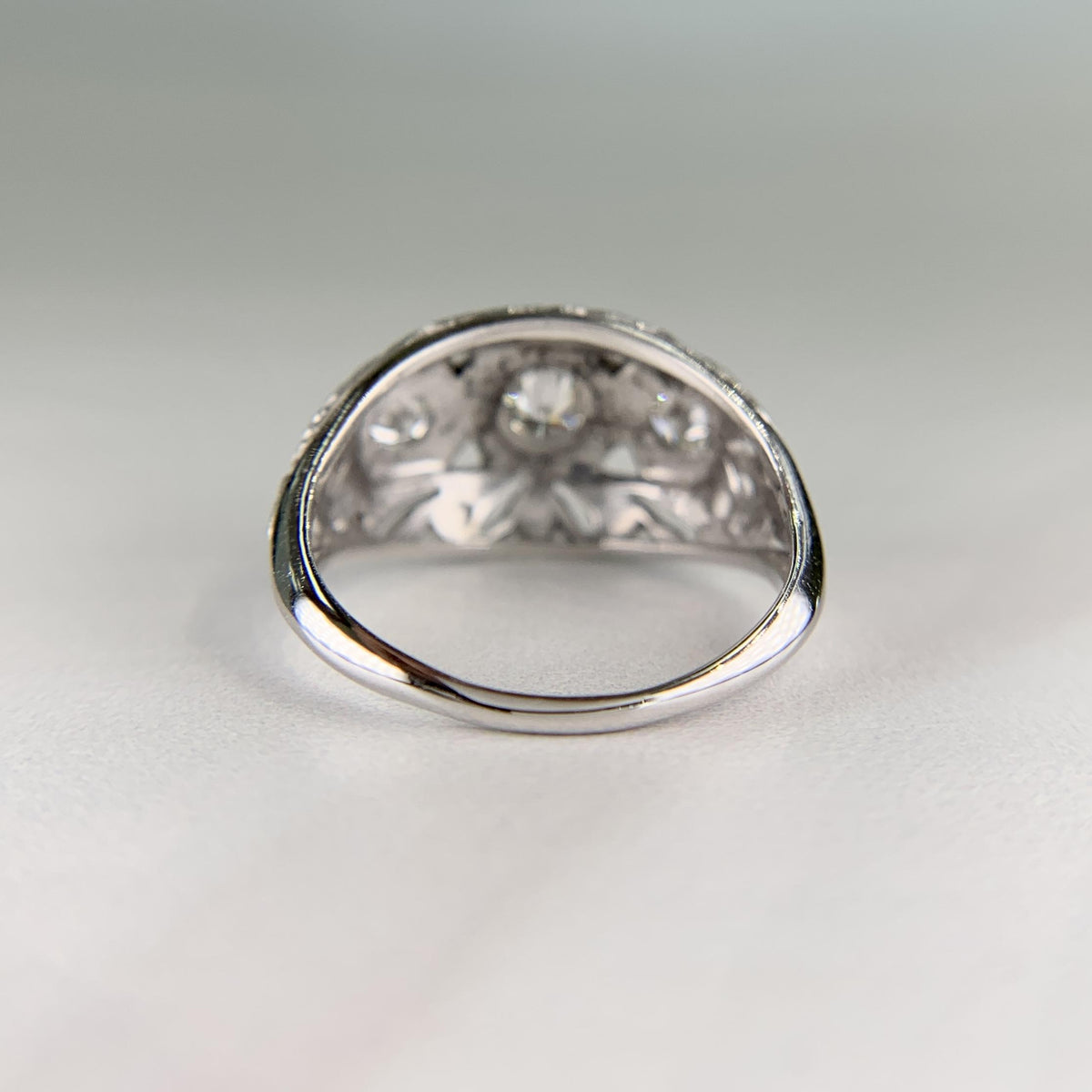 1930's Art Deco 3 Stone Diamond Dome Ring 14k White Gold
