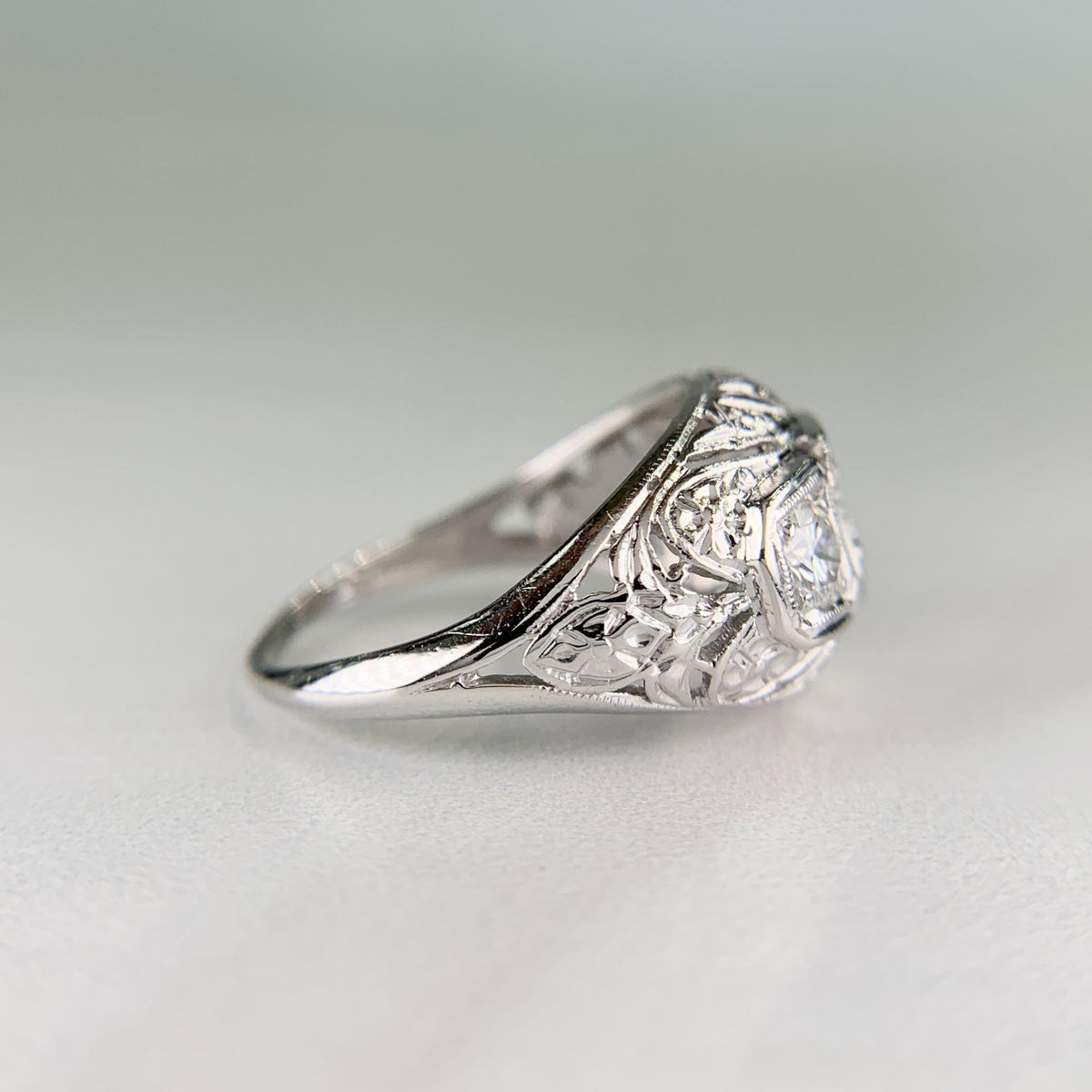 1930's Art Deco 3 Stone Diamond Dome Ring 14k White Gold