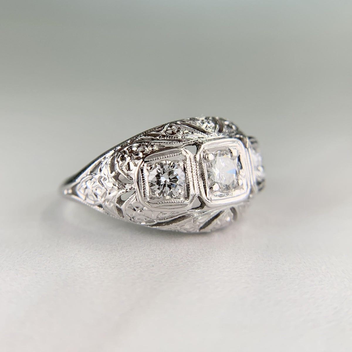 1930's Art Deco 3 Stone Diamond Dome Ring 14k White Gold