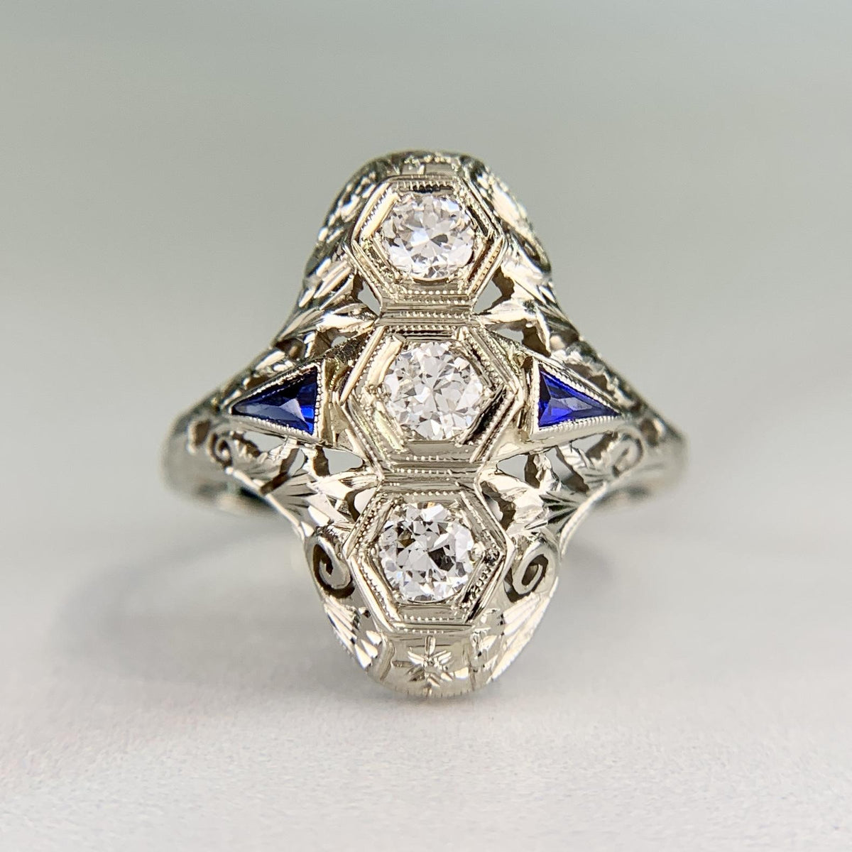 1930's Art Deco Old European Diamond & Sapphire Shield Dinner Ring 18k