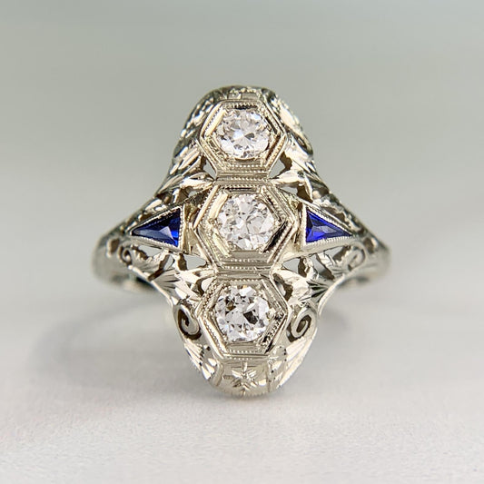 1930's Art Deco Old European Diamond & Sapphire Shield Dinner Ring 18k