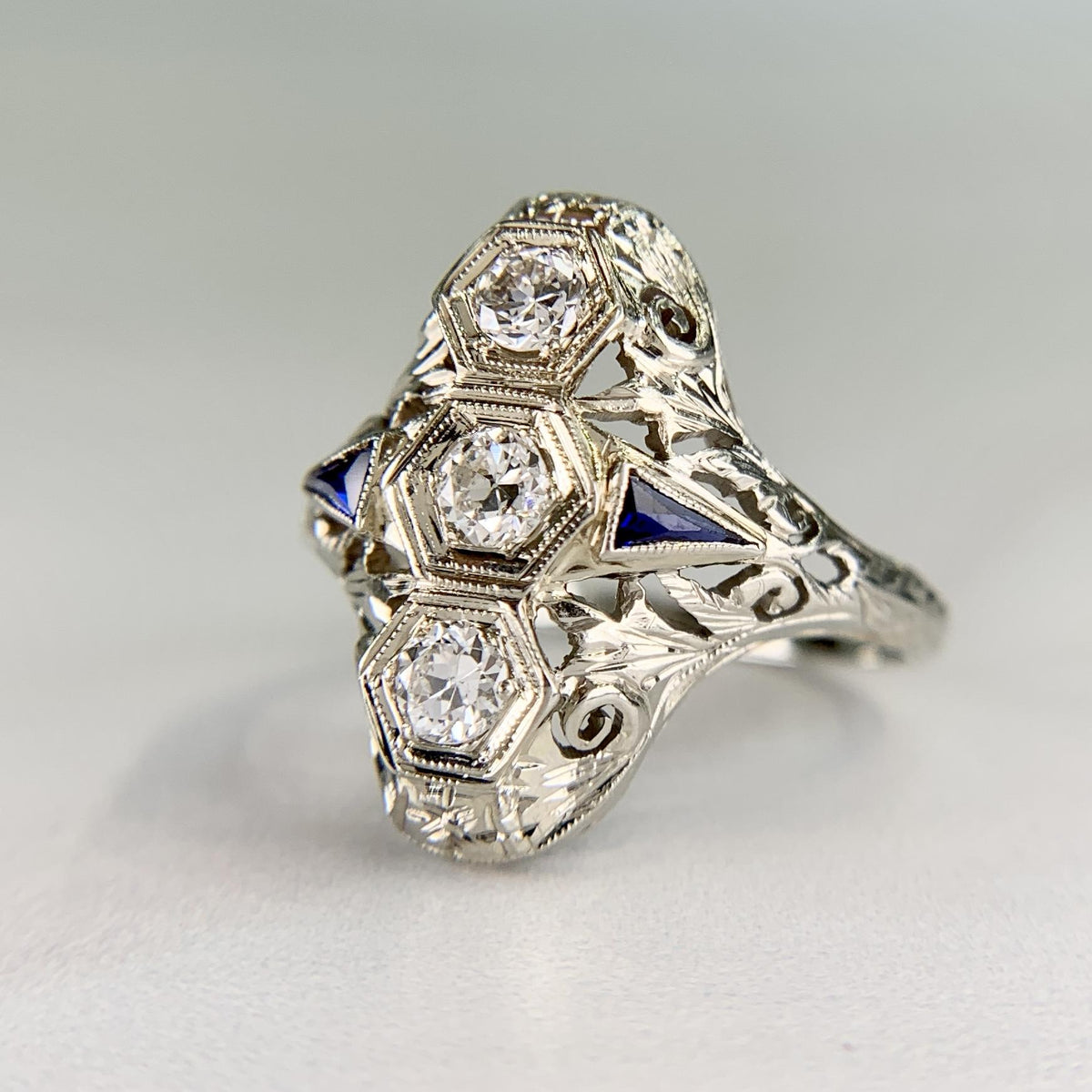 1930's Art Deco Old European Diamond & Sapphire Shield Dinner Ring 18k