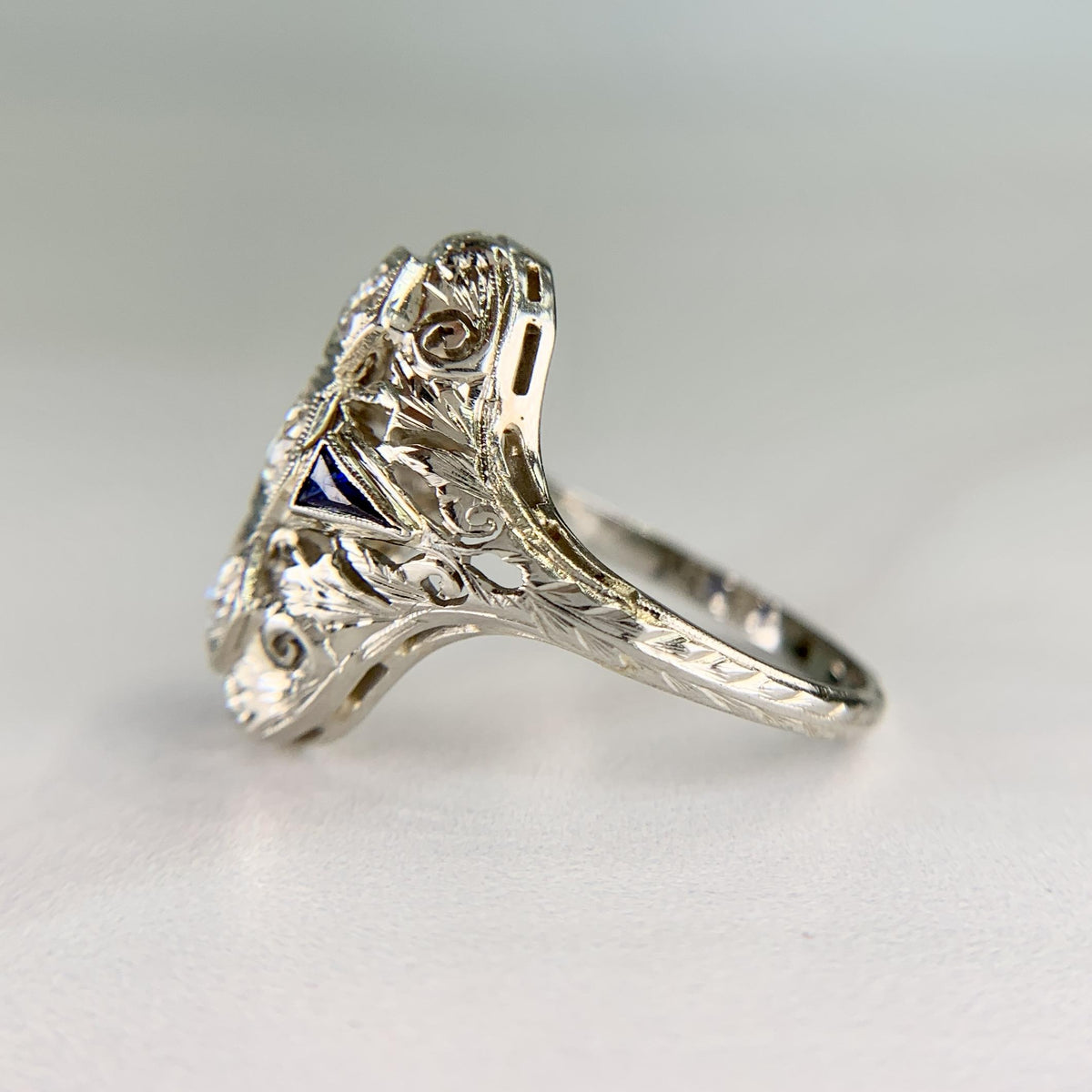 1930's Art Deco Old European Diamond & Sapphire Shield Dinner Ring 18k