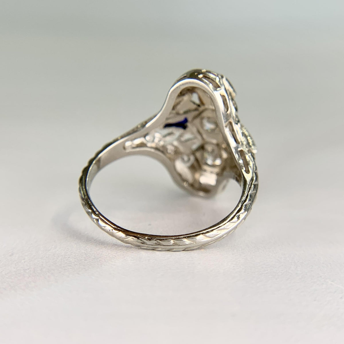 1930's Art Deco Old European Diamond & Sapphire Shield Dinner Ring 18k