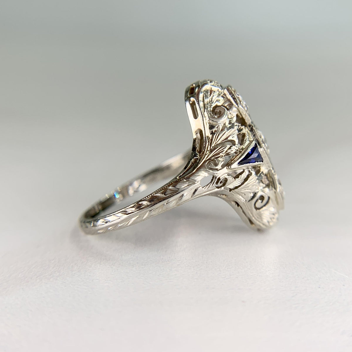 1930's Art Deco Old European Diamond & Sapphire Shield Dinner Ring 18k