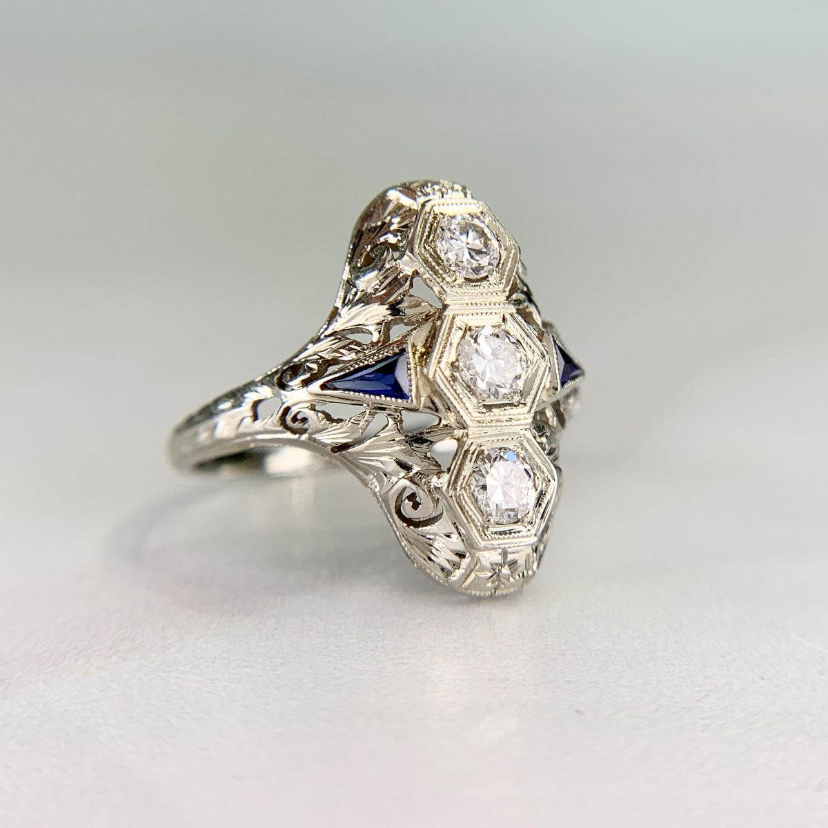 1930's Art Deco Old European Diamond & Sapphire Shield Dinner Ring 18k