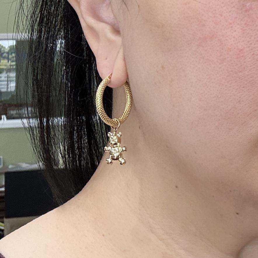 Teddy Bear Hoop Earring Charms 14k Yellow Gold
