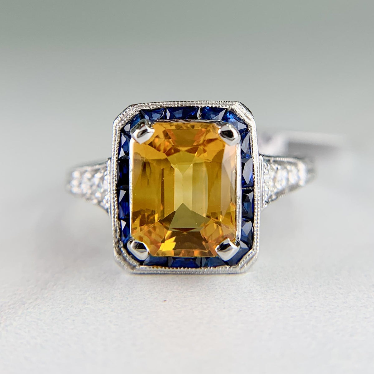 Sapphire and Diamond Art Deco Inspired Ring Platinum