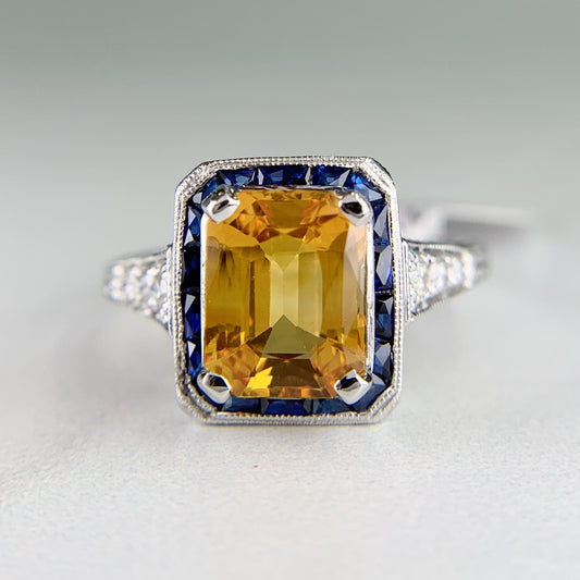 Sapphire and Diamond Art Deco Inspired Ring Platinum