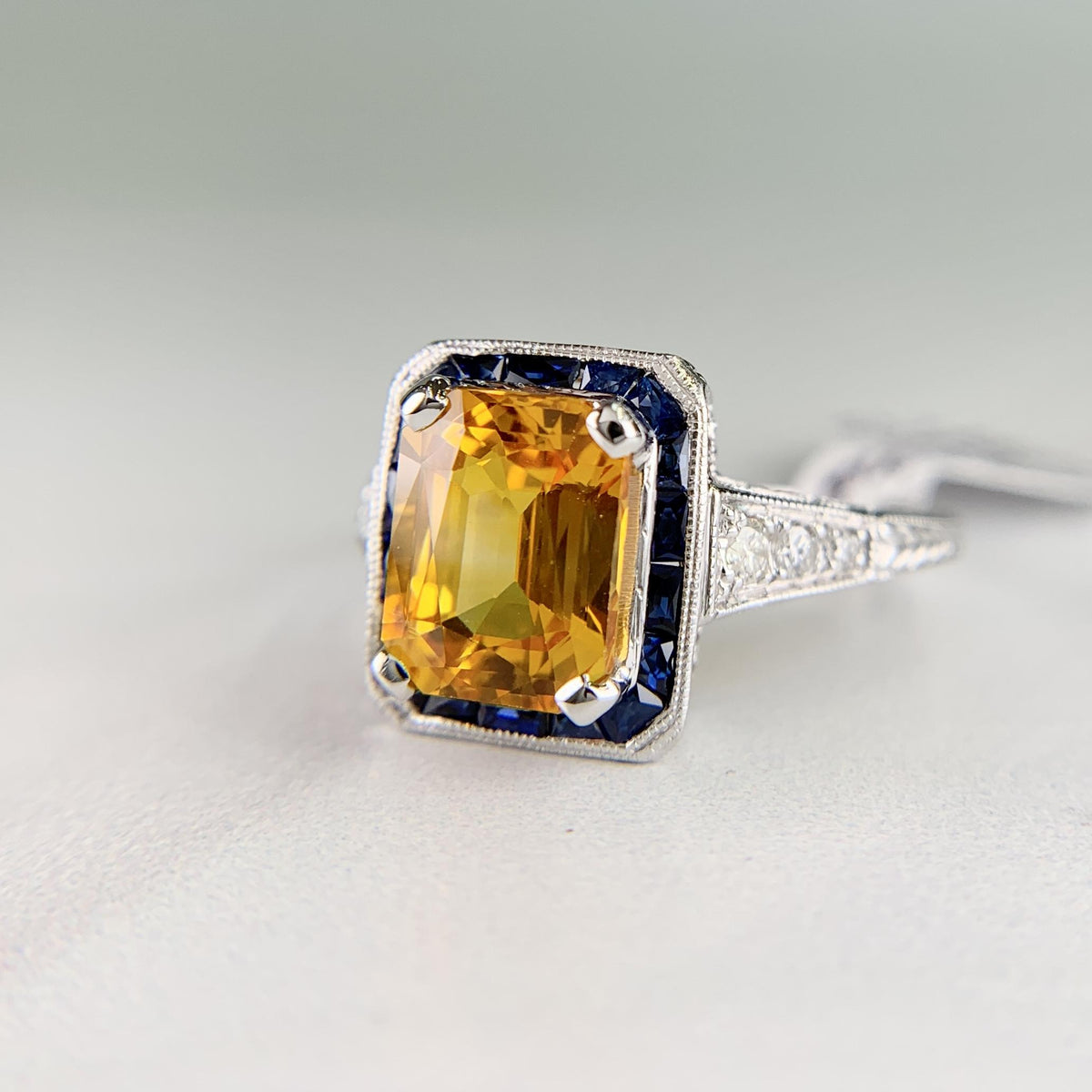 Sapphire and Diamond Art Deco Inspired Ring Platinum