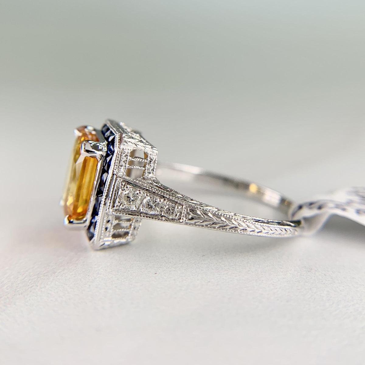 Sapphire and Diamond Art Deco Inspired Ring Platinum