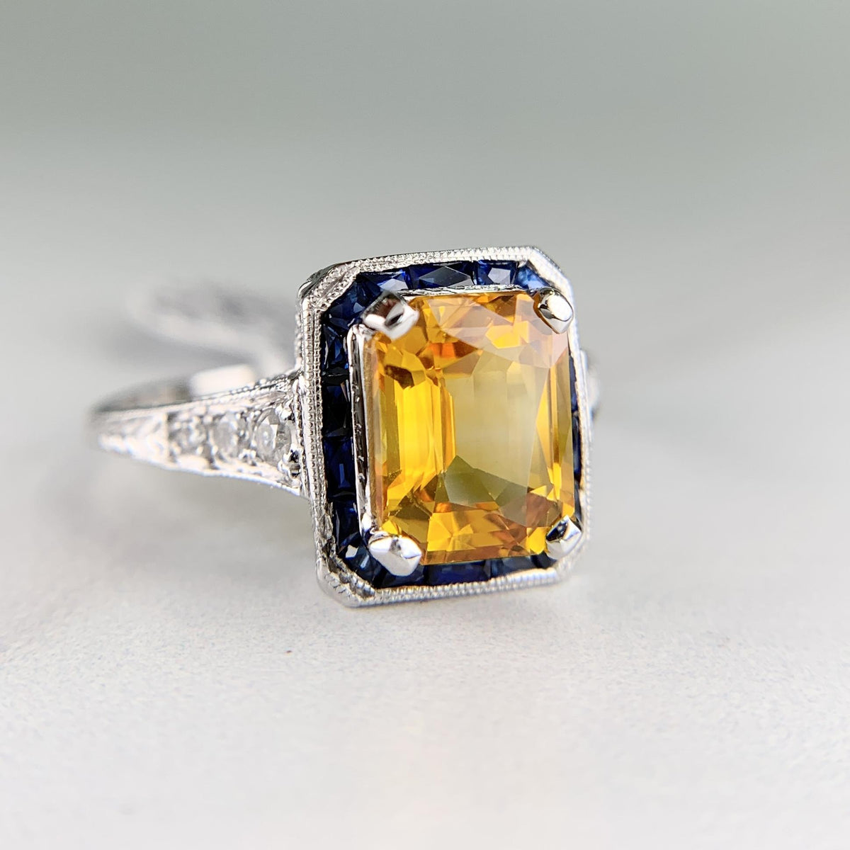 Sapphire and Diamond Art Deco Inspired Ring Platinum