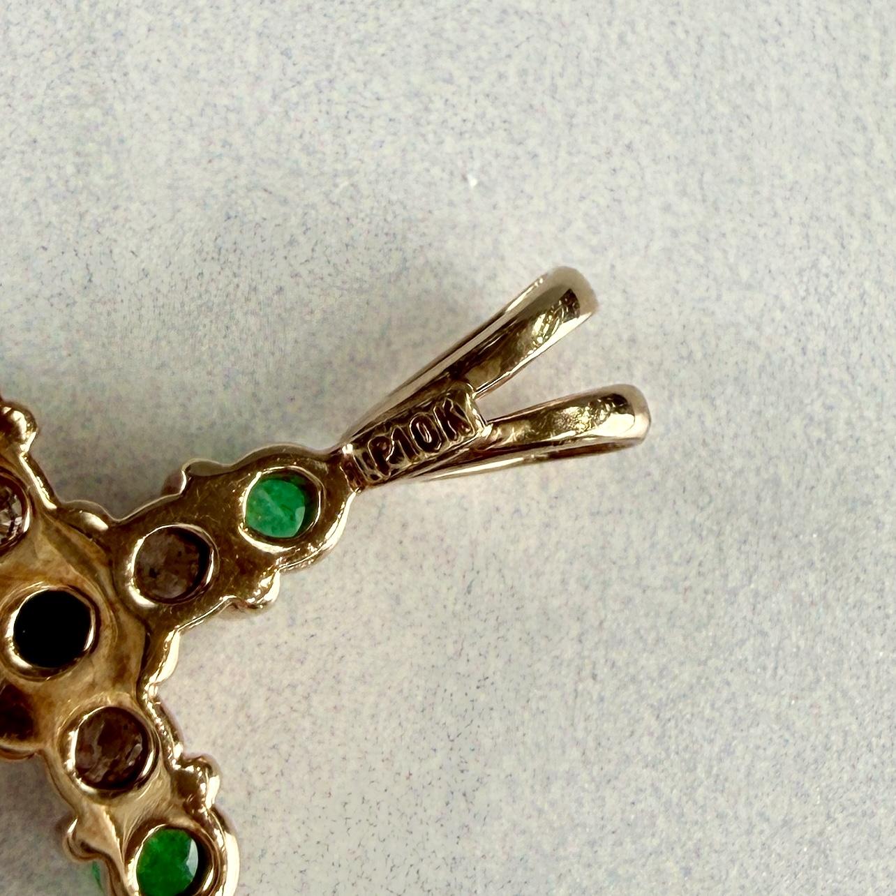 Small Diamond and Emerald Cross Pendant 10k Yellow Gold