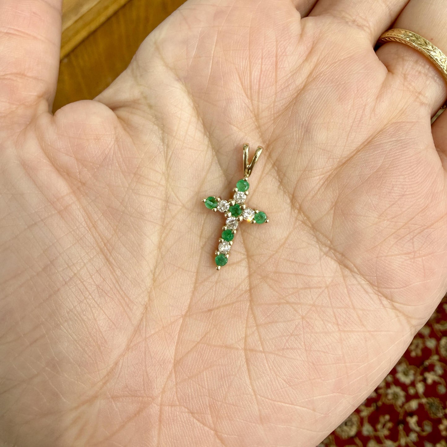 Small Diamond and Emerald Cross Pendant 10k Yellow Gold