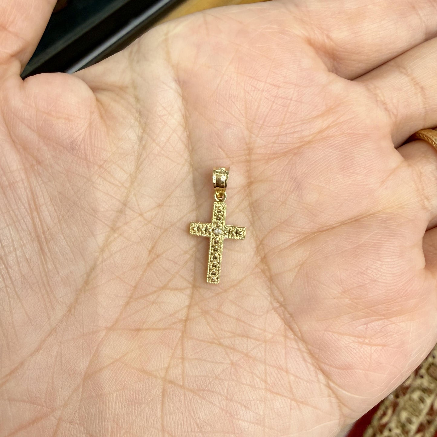 Small Textured Diamond Cross Pendant 14k Yellow Gold