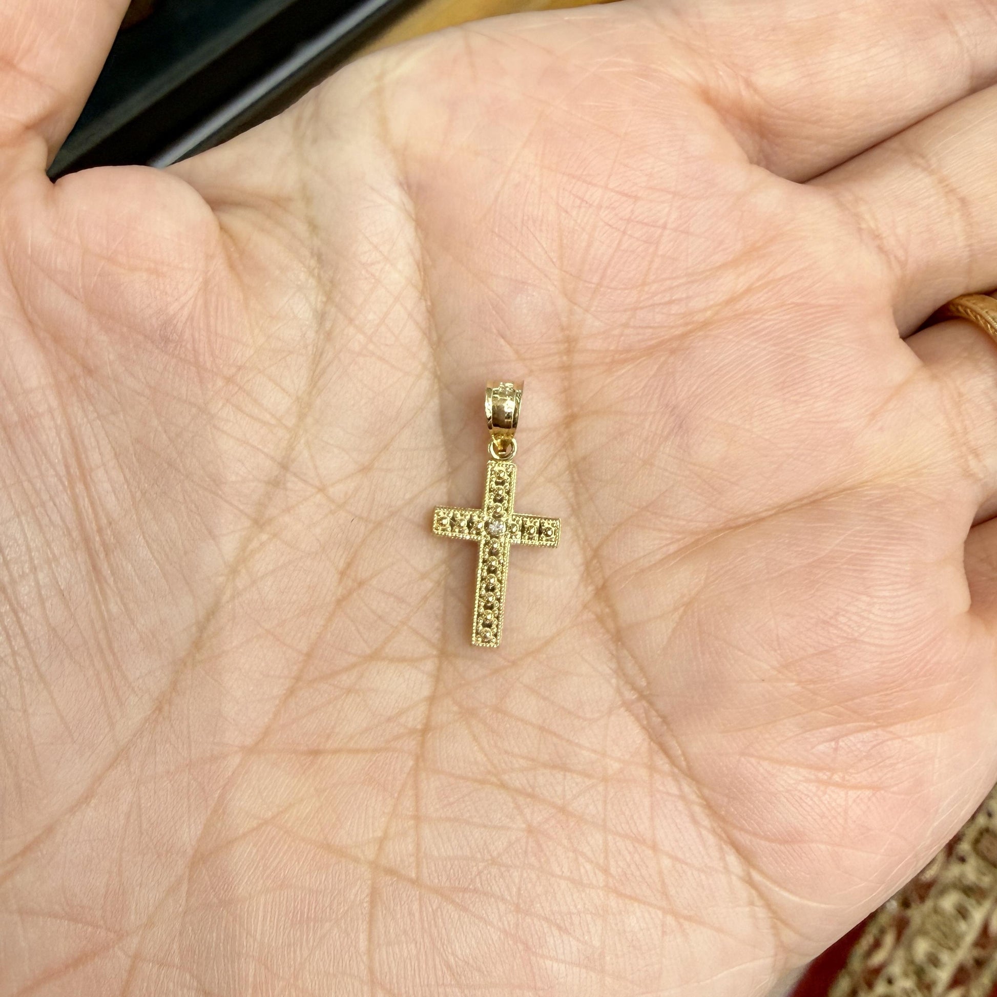 Small Textured Diamond Cross Pendant 14k Yellow Gold