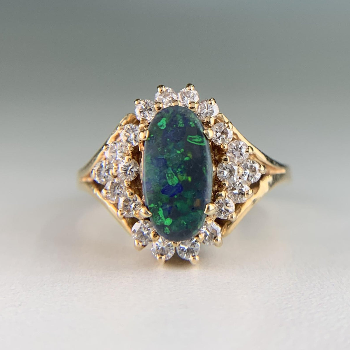 Vintage Black Opal Diamond Ring 14k Yellow Gold
