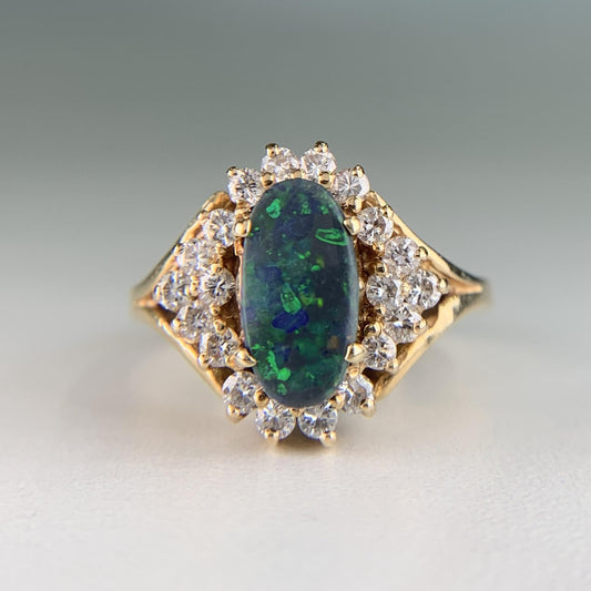 Vintage Black Opal Diamond Ring 14k Yellow Gold
