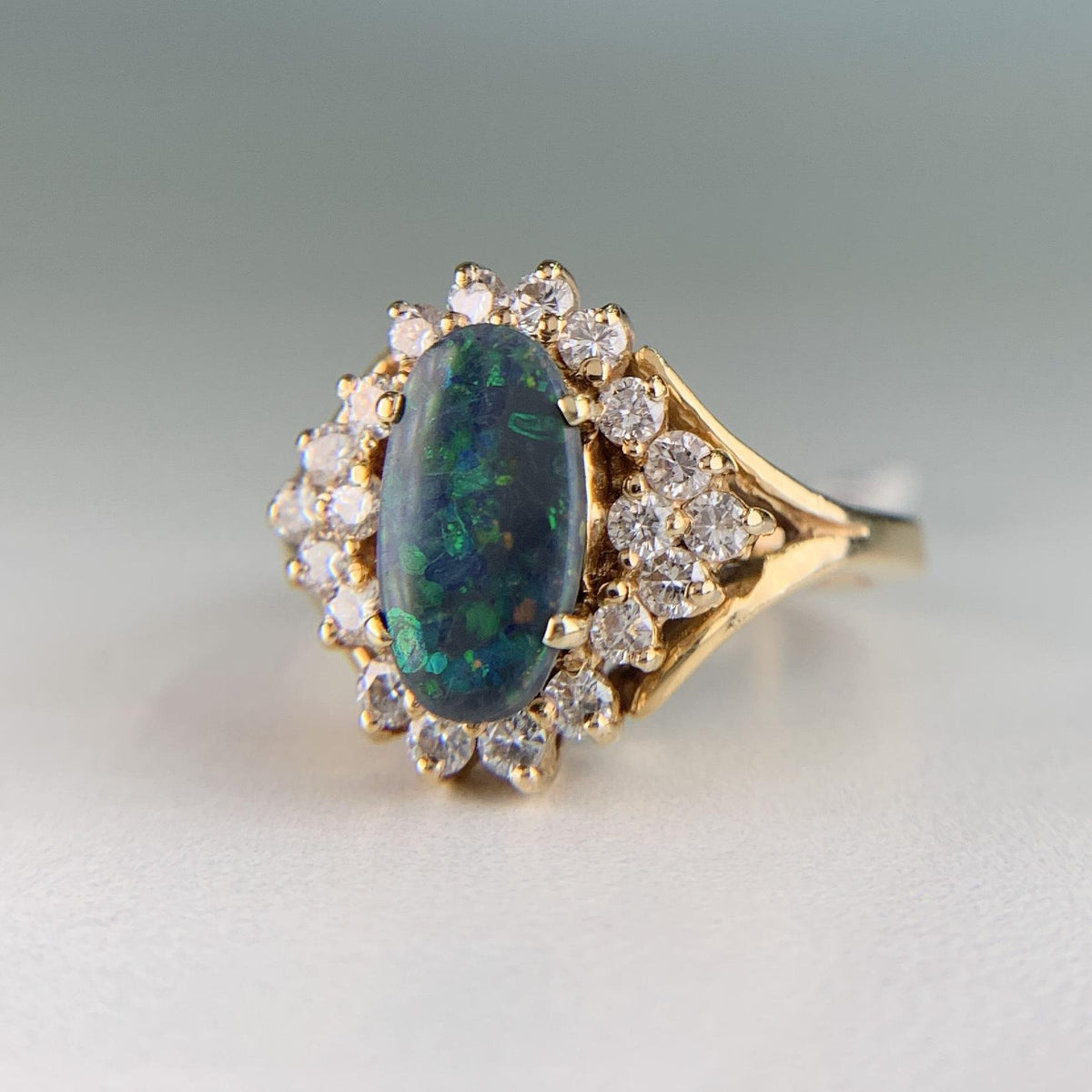 Vintage Black Opal Diamond Ring 14k Yellow Gold