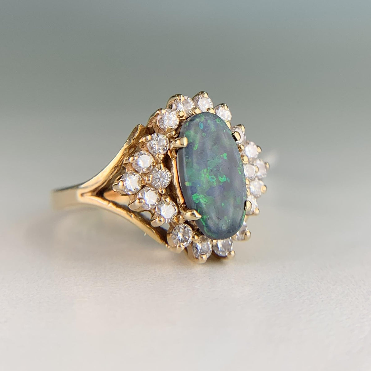 Vintage Black Opal Diamond Ring 14k Yellow Gold