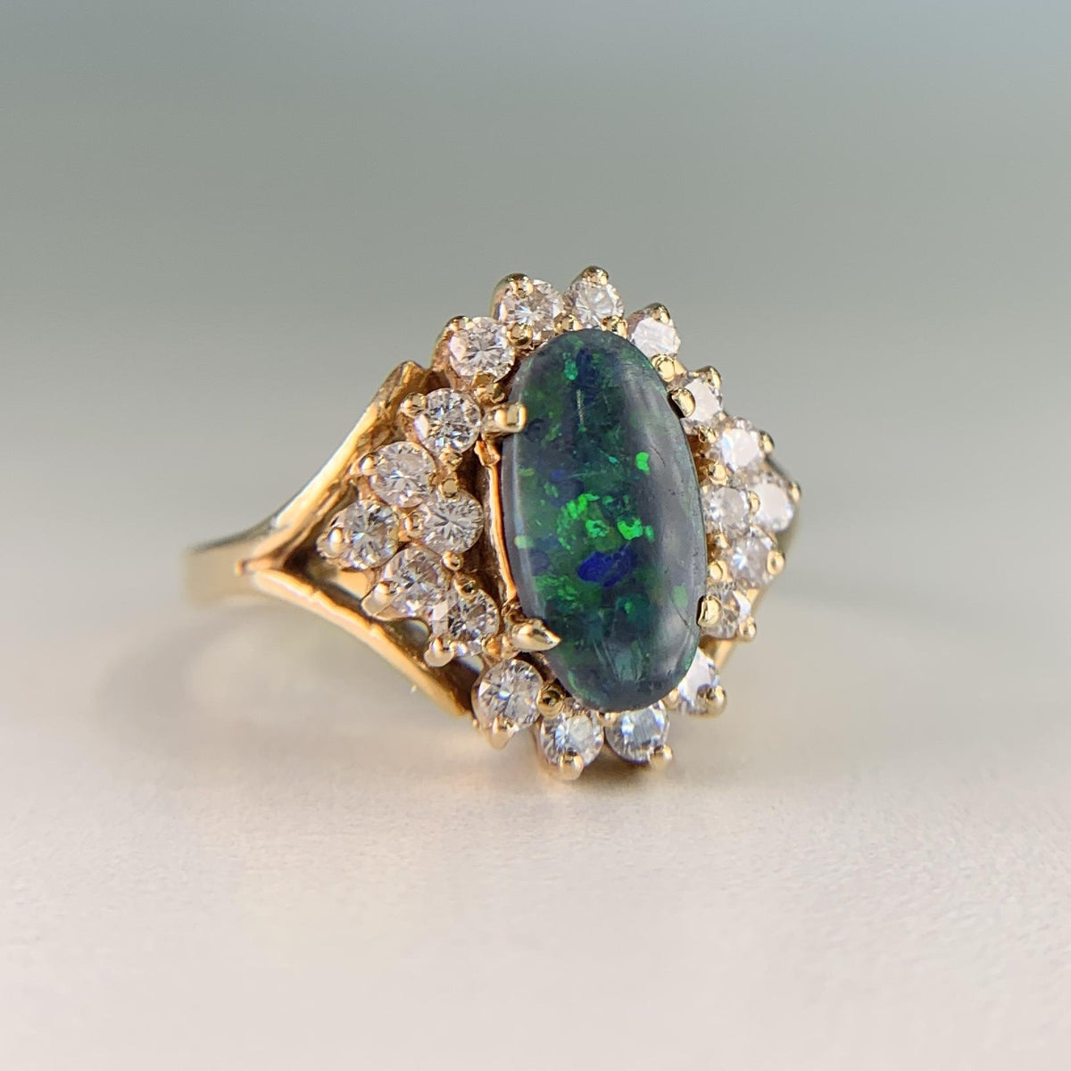 Vintage Black Opal Diamond Ring 14k Yellow Gold