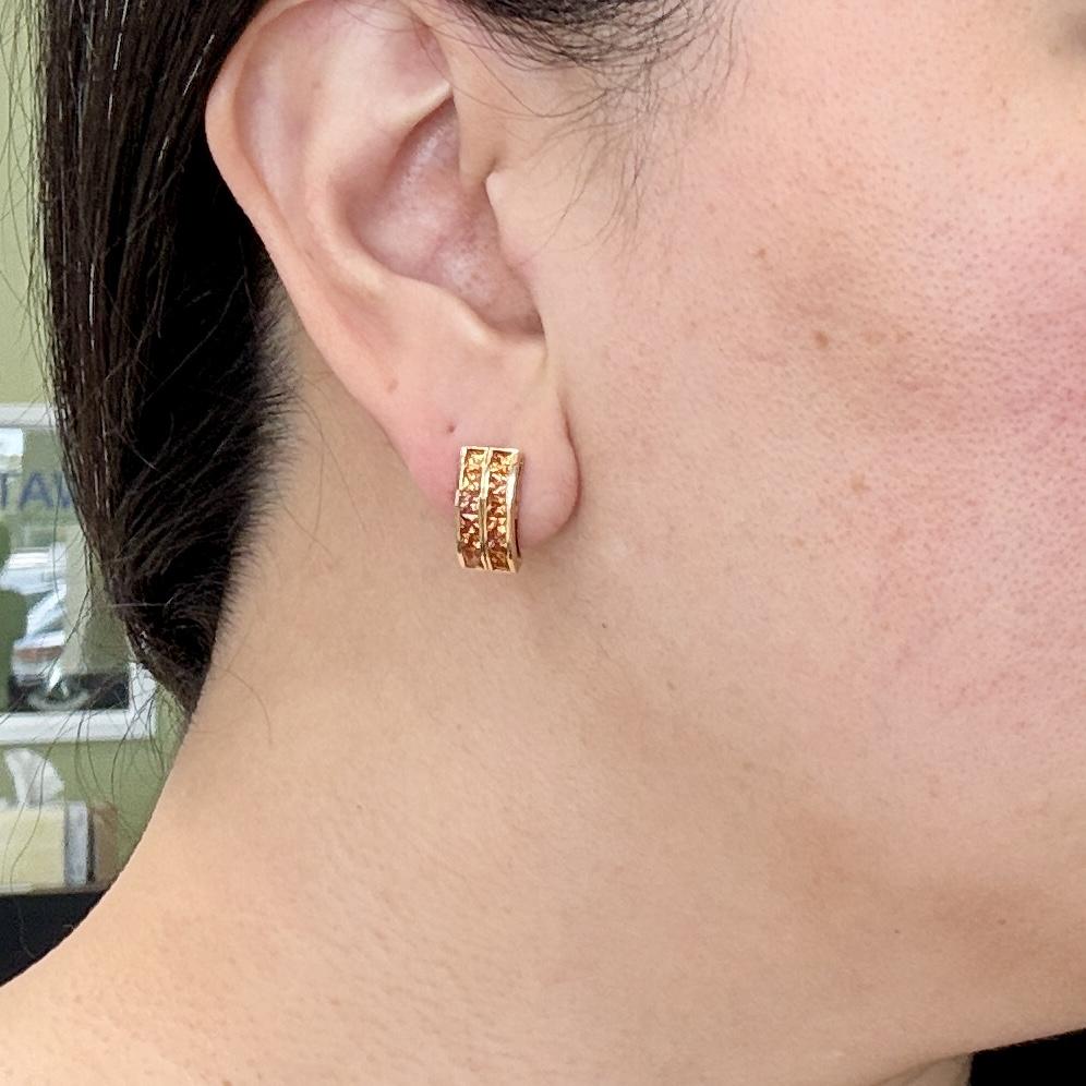 Princess Cut Orange Sapphire Earrings 18k Yellow Gold