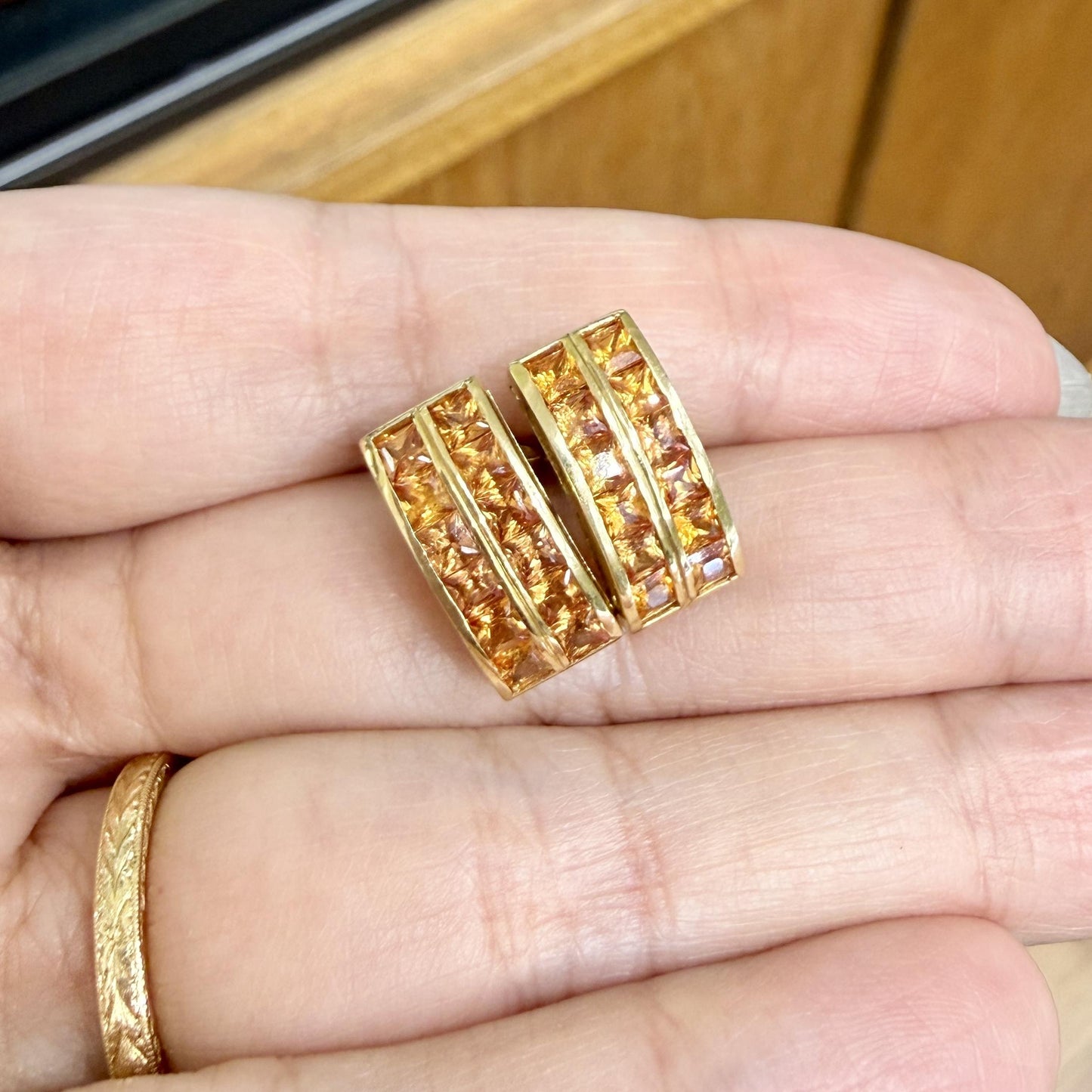 Princess Cut Orange Sapphire Earrings 18k Yellow Gold