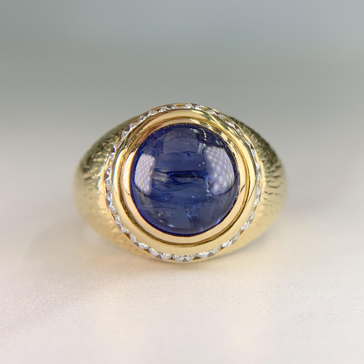 Vintage Hammerman Brothers Cabochon Sapphire Diamond Yellow Gold Ring 18K