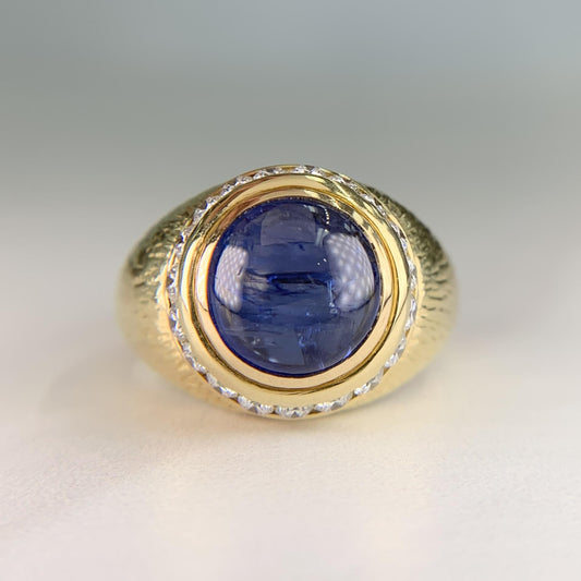 Vintage Hammerman Brothers Cabochon Sapphire Diamond Yellow Gold Ring 18K
