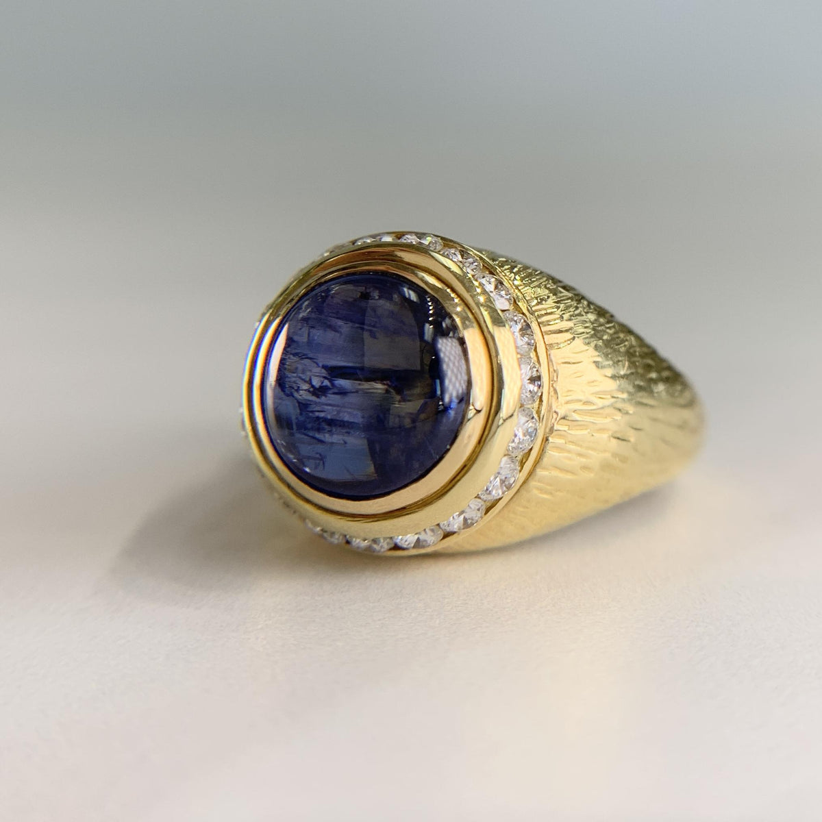 Vintage Hammerman Brothers Cabochon Sapphire Diamond Yellow Gold Ring 18K