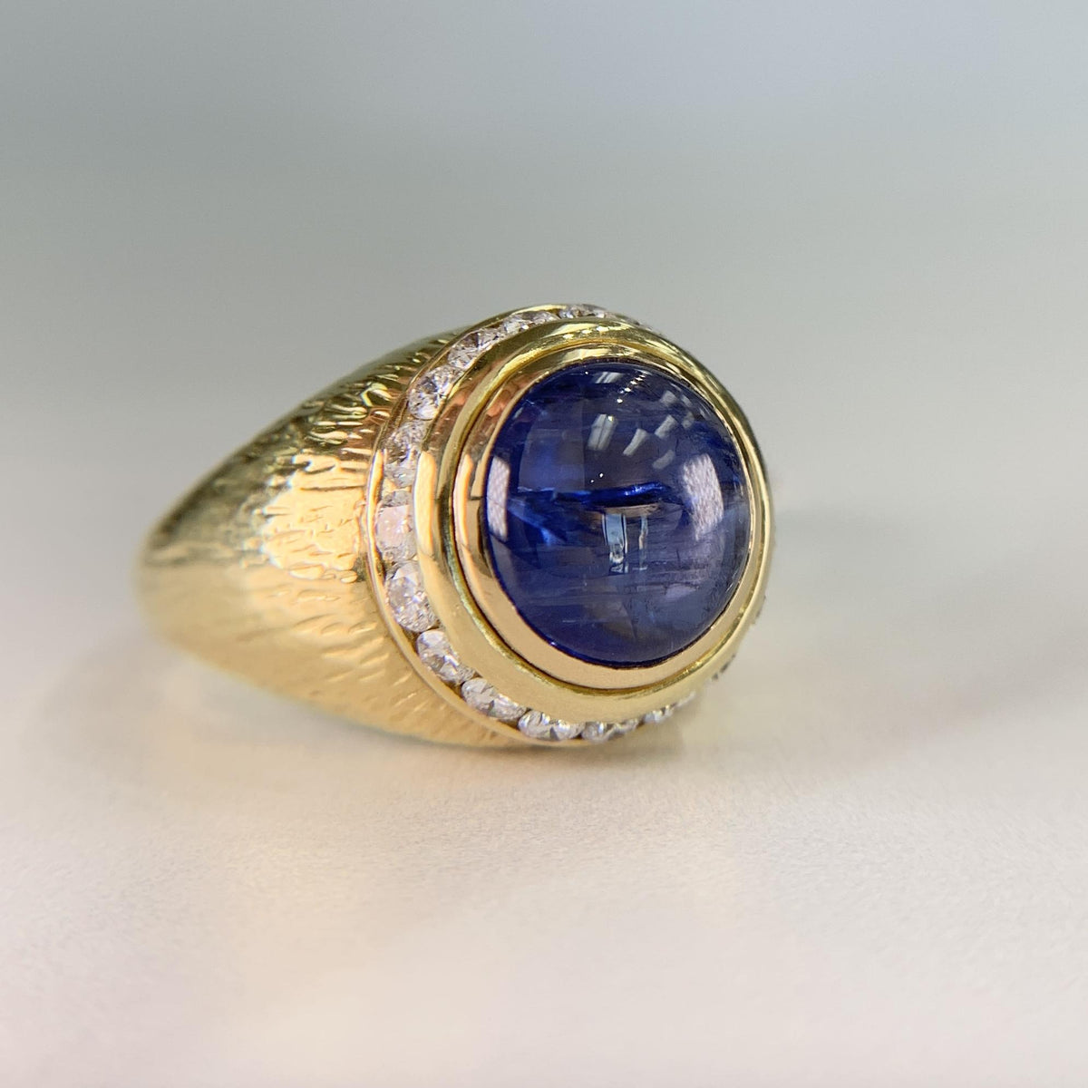 Vintage Hammerman Brothers Cabochon Sapphire Diamond Yellow Gold Ring 18K